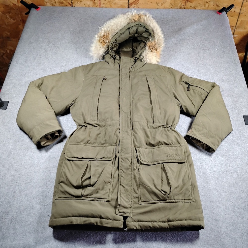 Cabelas Premier Northern Goose Down Parka Olive Green Coyote Fur Hood Mens Small